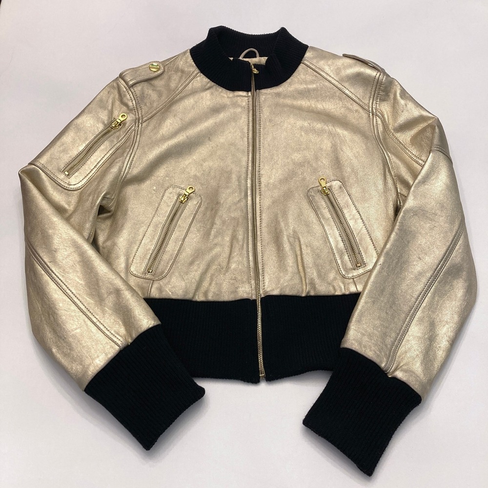Basic Idea Lambskin Leather Gold Metallic Crop Jacket Zip Pockets Womens XL